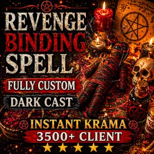 Może przedstawiać: Obraz z tekstem "Revenge Binding Spell" w gotyckiej czcionce. Lalka voodoo otoczona jest świecami, czaszką i butelkami. Widoczny jest również tekst "Fully Custom", "Dark Cast", "Instant Karma" i "3500+ Client".