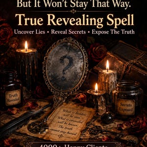 Puede incluir: Un anuncio de True Revealing Spell con un espejo con un signo de interrogación, velas negras, frascos etiquetados Truth Revealed y Secrets Exposed, una pluma y pergamino con texto sobre verdades ocultas, 4000+ clientes y cinco estrellas doradas.