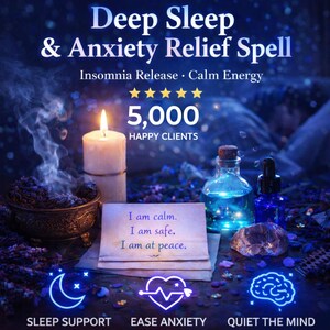 Könnte beinhalten: Ein Bild, das einen Deep Sleep & Anxiety Relief Spell bewirbt. Es zeigt eine brennende Kerze, Flaschen mit blauer Flüssigkeit und den Text "I am calm, I am safe, I am at peace". Das Bild enthält auch den Text "Sleep Support, Ease Anxiety, Quiet the Mind".