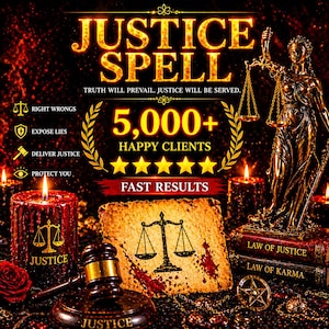 May include: An image with the words "Justice Spell" in gold lettering. The image includes a statue of Lady Justice, candles, books, and a gavel. The text promises fast results and protection.