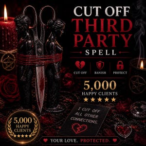 May include: A dark, stylized image with the text "CUT OFF THIRD PARTY SPELL." It features a pair of scissors with figures on the handles, bound with red thread. Additional text includes "CUT OFF, BANISH, PROTECT" and "5,000 HAPPY CLIENTS."