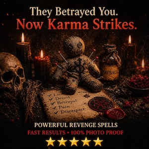 May include: An image with a voodoo doll pierced with pins, a skull, candles, and a bottle labeled "PAYBACK." Text reads "They Betrayed You. Now Karma Strikes." and "POWERFUL REVENGE SPELLS." Five gold stars are at the bottom.