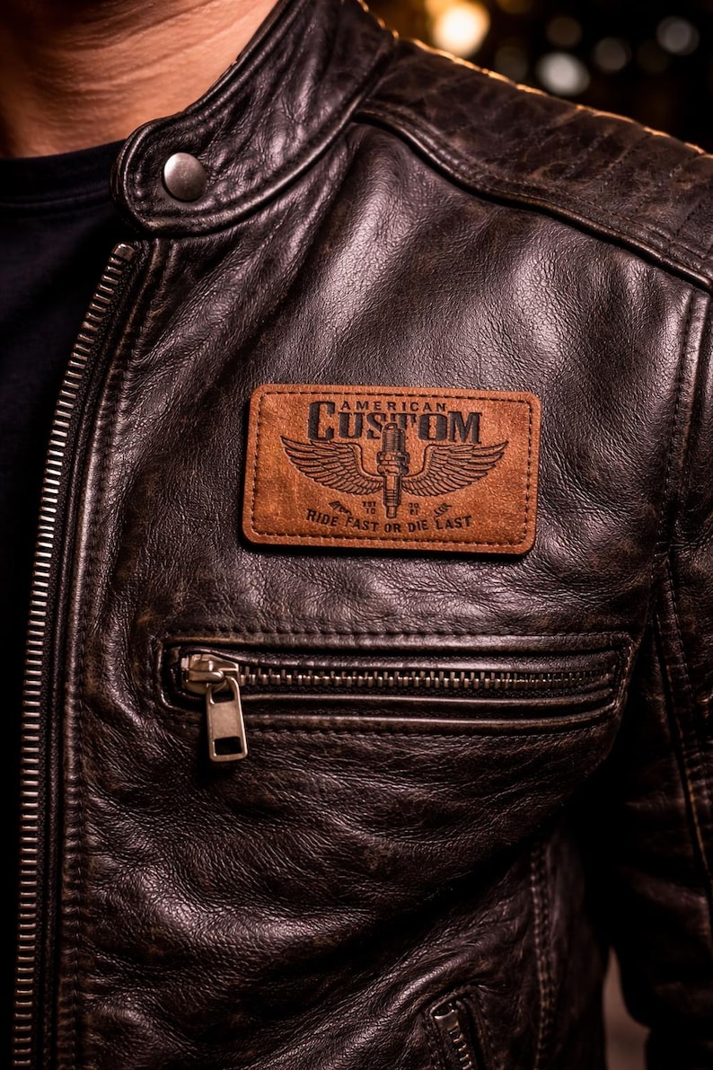 K&ouml;nnte beinhalten: Nahaufnahme einer braunen Lederjacke mit einem Aufn&auml;her mit der Aufschrift "AMERICAN CUSTOM" &uuml;ber einer Illustration von Fl&uuml;geln und einer Z&uuml;ndkerze. Der Text "RIDE FAST OR DIE LAST" steht darunter. Die Jacke hat eine Rei&szlig;verschlusstasche.