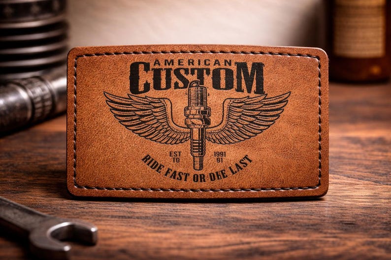 K&ouml;nnte beinhalten: Rechteckiger, brauner Lederaufn&auml;her mit dem schwarzen Schriftzug "AMERICAN CUSTOM". Darunter befindet sich eine gefl&uuml;gelte Z&uuml;ndkerze und der Text "RIDE FAST OR DIE LAST". Der Hintergrund ist unscharf.