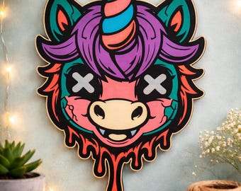 Zombie Unicorn Wall Art–Colorful Wooden Decor – Kawaii Horror – Unique Laser Engraved Wood Sign – Gothic Cute Room Decor-Gamer Room Wall Art