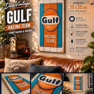 May include: A rectangular wooden wall sign measuring 20 x 32 cm featuring the Gulf Racing Team logo. The design includes a central orange oval with the blue Gulf text, set against vertical orange and blue stripes on a white distressed wood background.