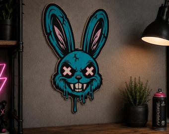 Zombie Bunny Wall Art – Handmade Wooden Wall Decor – Gaming / Street Art Style – Unique Gift Idea
