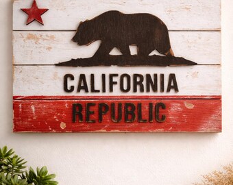 California Republic Wood Sign | Rustic Wall Decor | Vintage USA Flag | Biker Garage Decor | Handmade Wooden Wall Art