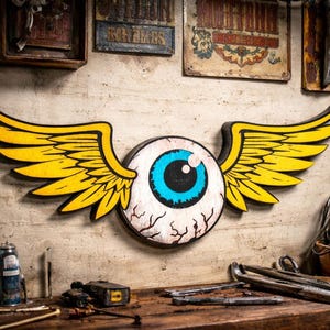 Väggkonst med flygande ögon, Kustom Kulture-dekor, väggdekor med hot rod-garage, vintage-tatueringsstil, biker-väggkonst, man cave-dekor
