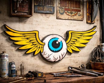 Flying Eyeball Wall Art, Kustom Kulture Decor, Hot Rod Garage Wall Decor, Vintage Tattoo Style, Biker Wall Art, Man Cave Decor-