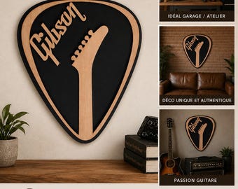 Wooden Gibson Wall Art – Giant Guitar Pick – Guitar Pick Wall Art – Vintage Rock Guitarist Gift – Handmade Guitar Decor