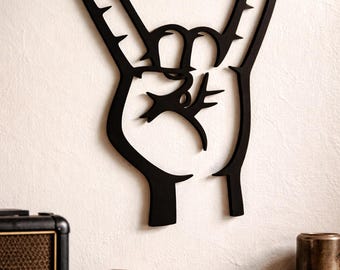 Rock Hand Wall Art, Metal Hand Sign Decor, Biker Garage Wall Decor, Rock Music Wall Art, Man Cave Decor, Gift for Him -