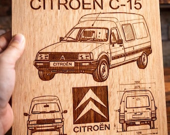 Vintage-Wanddekoration aus Holz für ein Oldtimerfahrzeug – Lasergravur einer Garage –