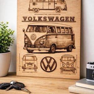 Volkswagen Combi Plaque Bois Gravée | VW Bus Vintage | Décoration Garage Vanlife | Cadeau Passionné Volkswagen - Livraison incluse