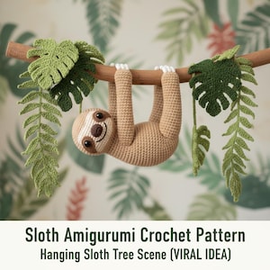 Può includere: Un amigurumi di bradipo all'uncinetto è appeso a un ramo di legno, circondato da foglie verdi all'uncinetto. Il bradipo è marrone chiaro con un viso bianco e marrone e artigli bianchi. Il testo in basso recita "Sloth Amigurumi Crochet Pattern Hanging Sloth Tree Scene (VIRAL IDEA)".