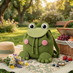 May include: A green crochet frog backpack with large eyes and pink cheek accents sits on a picnic blanket. A straw hat, flowers, and a picnic basket filled with fruit complete the scene. The setting is a sunny outdoor park.