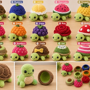 May include: A collection of fifteen crocheted turtle figurines with removable shells shaped like various fruits, flowers, and patterns including blueberry, lemon, watermelon, pineapple, raspberry, orange, grapes, rose, mushroom, avocado, strawberry, and cookie.