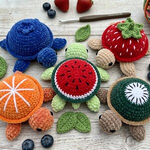 5 in 1 Crochet Fruit Turtle Removable Shell Pattern Bundle PDF, Watermelon Strawberry Kiwi Turtle with shell, Beginner Friendly, US & German