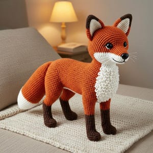 Könnte beinhalten: Ein handgefertigtes Fuchs-Spielzeug aus Häkelarbeit in stehender Pose. Der Fuchs hat orangefarbenes Fell, eine weiße Brust und eine weißspitzige Schwanz. Seine Ohren sind braun gespitzt, und er hat schwarze Augen und eine schwarze Nase. Der Fuchs wird auf einer cremefarbenen Strickoberfläche präsentiert.