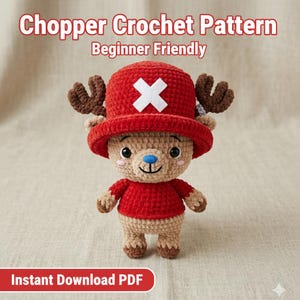 Könnte beinhalten: Gehäkelte Chopper-Puppe mit rotem Hut mit weißem Kreuz, rotem Hemd und braunen Geweihen. Der Text "Chopper Crochet Pattern" und "Beginner Friendly" ist oben und "Instant Download PDF" unten zu sehen.
