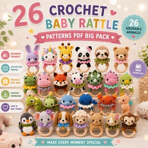 Pacchetto completo di 26 modelli PDF per sonagli per neonati all'uncinetto, set di sonagli per neonati amigurumi a forma di animali, per principianti, download immediato.