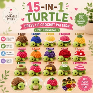 15-in-1 Turtle Dress Up Crochet Pattern PDF | Removable Shell Amigurumi Turtle Bundle | No Sew Turtle Gift