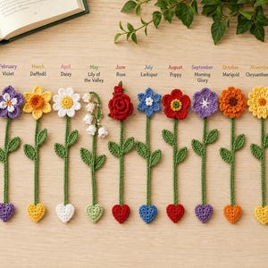 Può includere: Dodici segnalibri a uncinetto, ognuno con un fiore che rappresenta un mese: Garofano, Violetta, Narciso, Margherita, Mughetto, Rosa, Speronella, Papavero, Ipomoea, Calendula, Crisantemo e Narciso, completi di steli verdi.