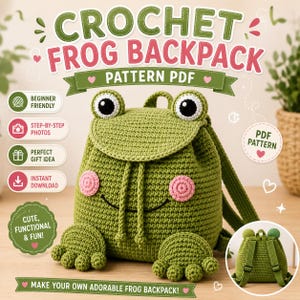 Wzór na plecak z żabą na szydełku w formacie PDF, samouczek na torbę z żabą amigurumi, uroczy wzór na plecak z żabą na szydełku, wzór na torebkę z żabą na szydełku