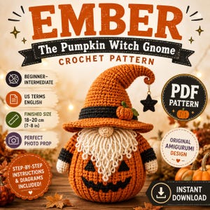 Peut inclure: Un modèle de crochet pour un gnome sorcière citrouille nommé Ember. Le gnome porte un chapeau orange avec une bande noire, une petite citrouille, une étoile noire et une barbe crème. Le corps est orange avec un visage de citrouille noir.