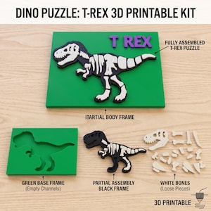 Puede incluir: Un kit de rompecabezas de T-Rex imprimible en 3D con una base verde, un marco parcial negro y piezas de hueso blancas. El kit incluye etiquetas de texto para el rompecabezas ensamblado, el marco parcial, la base verde y los huesos.
