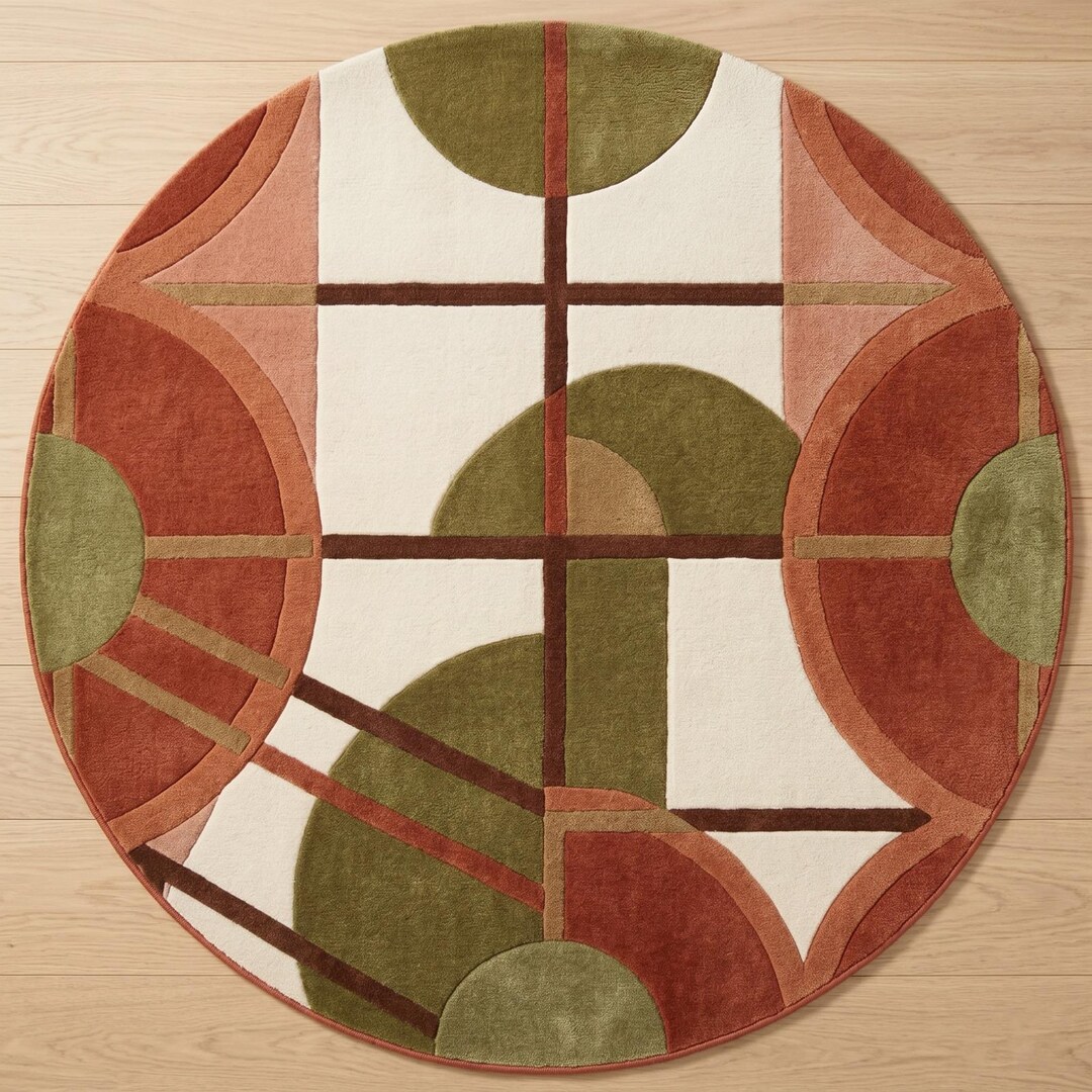 Terracotta Olive Geometric Modern Rug, Mid Century Abstract Area Carpet ...