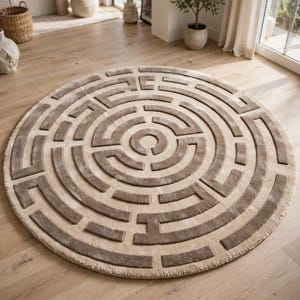Hand-Tufted Wool Labyrinth Rug, Neutral Beige Geometric Maze Mat (3x3-10x10 ft)