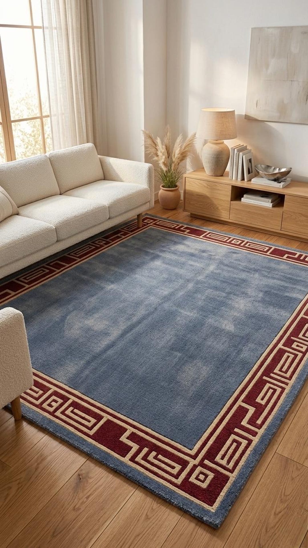 Deco Border Rug Art Deco Geometric Border Rug: Slate Blue, Burgundy Greek Key Wool ...