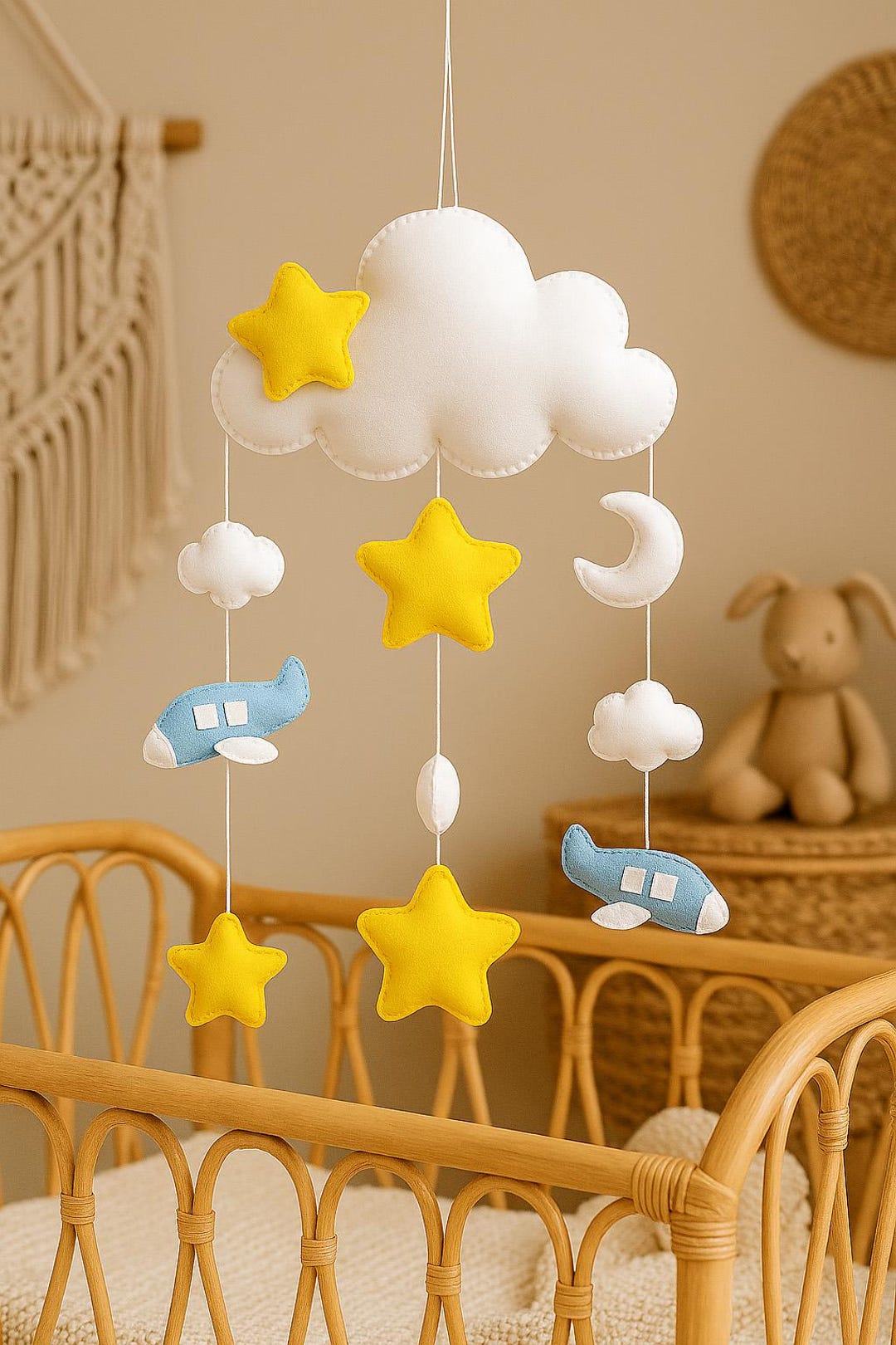 Felt Baby Crib Mobile With Stars Clouds Airplanes and Moon, Handmade ...