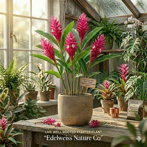 May include: A potted Hawaiian Hot Pink Ginger plant with vibrant magenta flower spikes and green leaves in a textured beige ceramic pot. A small wooden sign reads Hawaiian Hot Pink Ginger (Alpinia purpurata) Starter. Text at the bottom reads LIVE WELL ROOTED STARTER PLANT Edelweiss Nature Co.