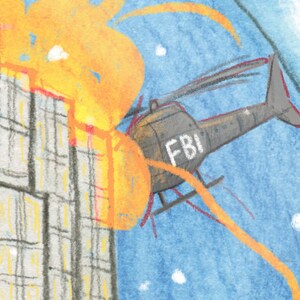 May include: A gray helicopter with the letters "FBI" on the side flies over a tall building with orange flames coming from the top.