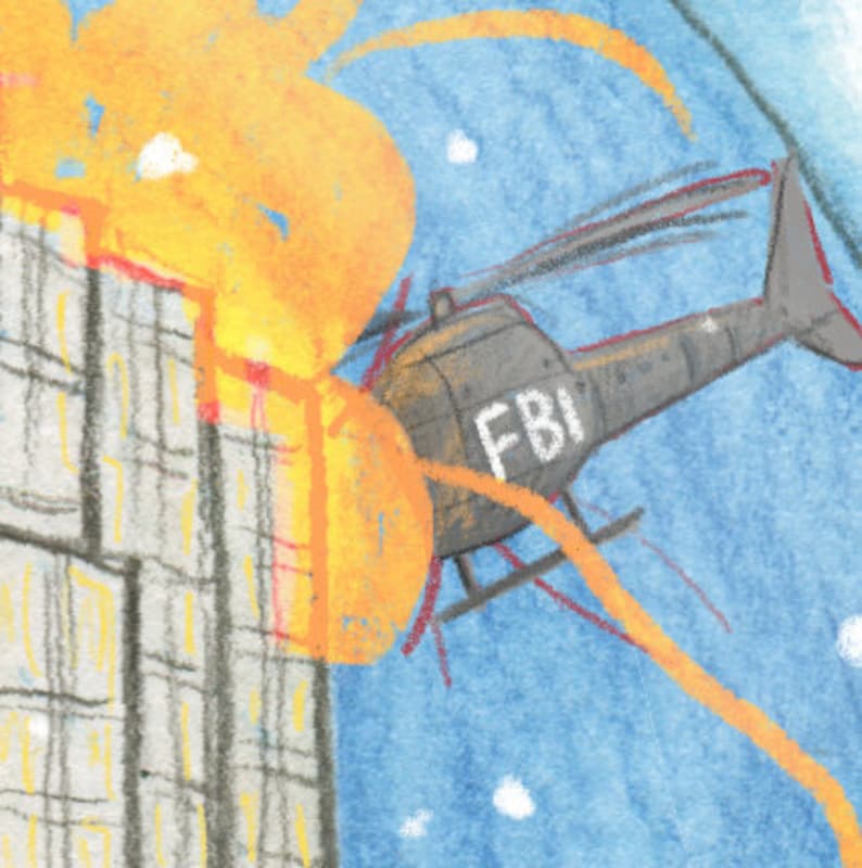 May include: A gray helicopter with the letters "FBI" on the side flies over a tall building with orange flames coming from the top.