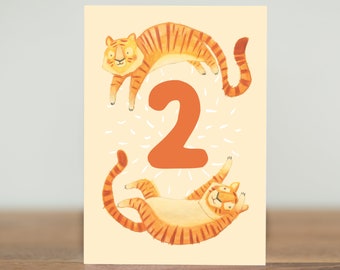 Party Animals greeting cards - tiger 2 yrs old - two years second birthday children's art picture book cute animals boys girls orange