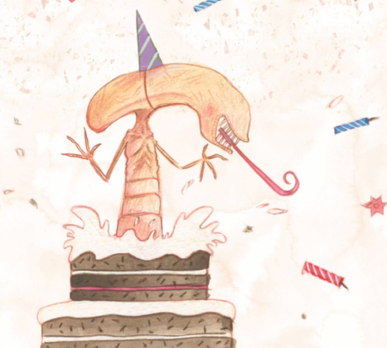 May include: A cartoon alien wearing a purple and blue party hat is jumping out of a chocolate cake with white frosting. The alien has a long, thin tongue sticking out and is holding a party horn. There are red and blue candles and confetti in the background.
