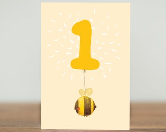 Party Animals greeting cards - bee 1 yr old - bumblebee one year old first birthday children's art picture book cute animals unisex balloon