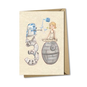 Carte 30e anniversaire - fan de Star Wars R2D2 Luke Skywalker 40 50 60 ans film geek drôle humour illustration mignon numéro d'âge moyen