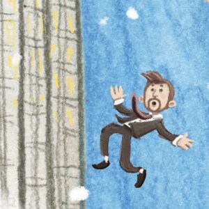 May include: A man in a suit is falling from a tall building. He is wearing a dark suit, a white shirt, and a red tie. He has a surprised expression on his face. The background is a blue sky with white clouds.