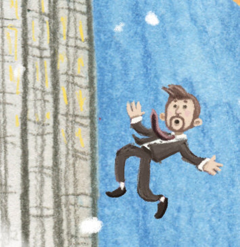 May include: A man in a suit is falling from a tall building. He is wearing a dark suit, a white shirt, and a red tie. He has a surprised expression on his face. The background is a blue sky with white clouds.