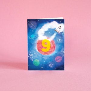 Carte 9e anniversaire - cadets de l'espace - fusée de neuf neuvième ans anniversaire d'enfants mignons garçons filles unisexe primaire neutre sexiste