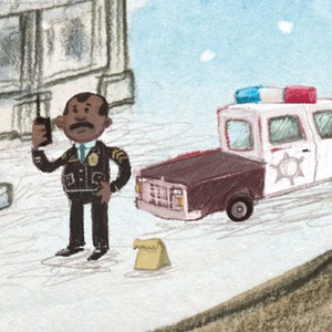 May include: A cartoon illustration of a police officer with a walkie-talkie standing in front of a white police car with a brown truck bed.