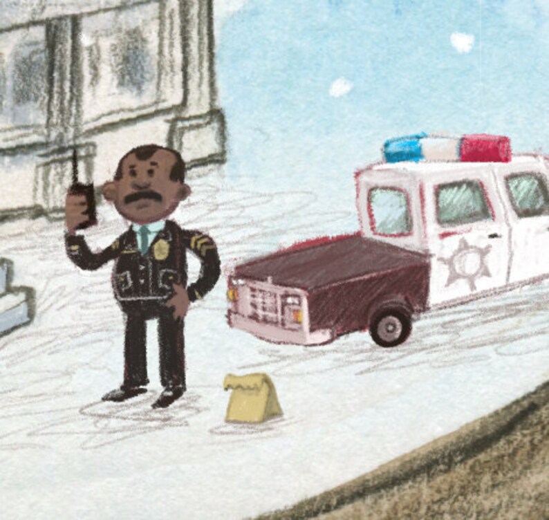 May include: A cartoon illustration of a police officer with a walkie-talkie standing in front of a white police car with a brown truck bed.