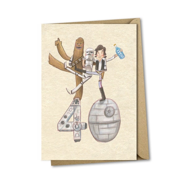 Carte 40e anniversaire - fan de Star Wars Chewbacca Han Solo Stormtrooper 30 50 60 ans film geek drôle humour illustration âge moyen numéro