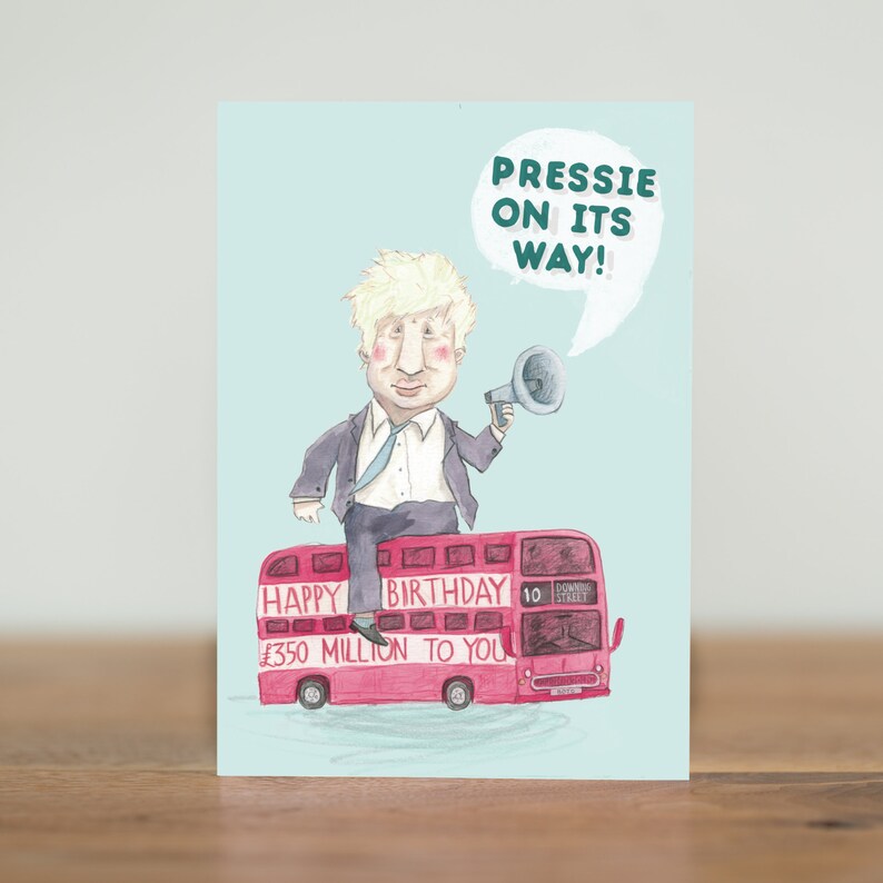 satire conservatives BOJO greeting cards UK tories humour Boris Johnson red bus political Brexit pressy on its way funny birthday