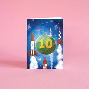 Carte 10e anniversaire - cadets de l'espace - fusée 10 ans anniversaire d'enfants mignons garçons filles unisexe primaire neutre sexiste