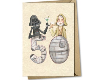 50. Geburtstagskarte - Star Wars Fan Darth Vadar Obi Wan Kenobi 30 60 Jahre Film Geek lustig Humor Illustration niedlich Mittelalter Zahl